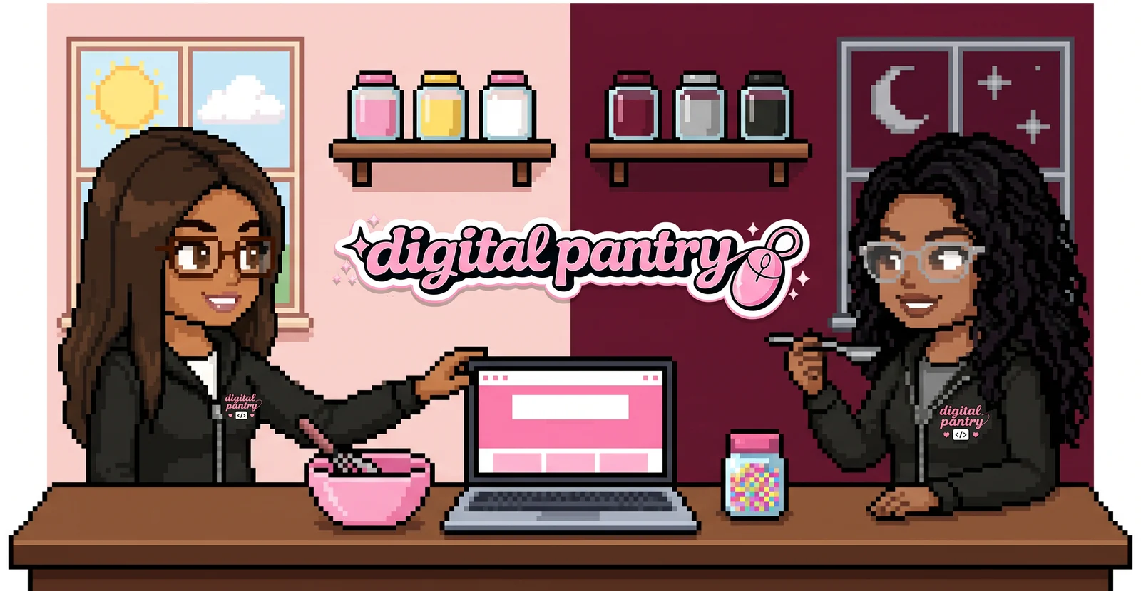 Aaniquah and Imaan at one kitchen counter: Aaniquah on the pink daytime side with a mixing bowl and laptop, Imaan on the burgundy night side tasting from a silver spoon, under a Digital Pantry sign