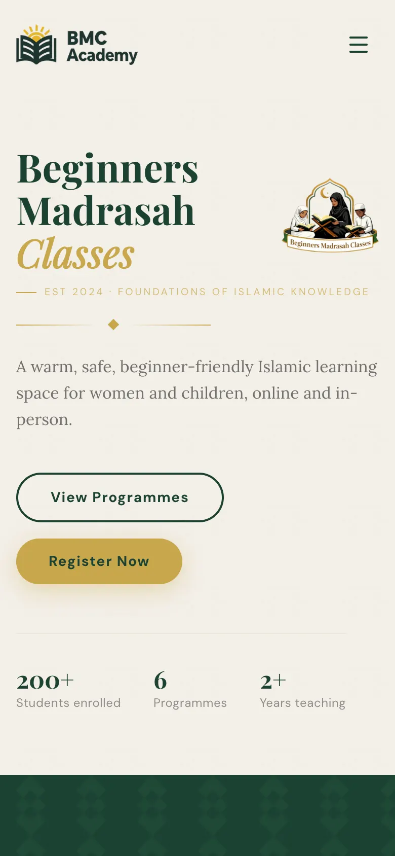 The Beginners Madrasah website on a phone