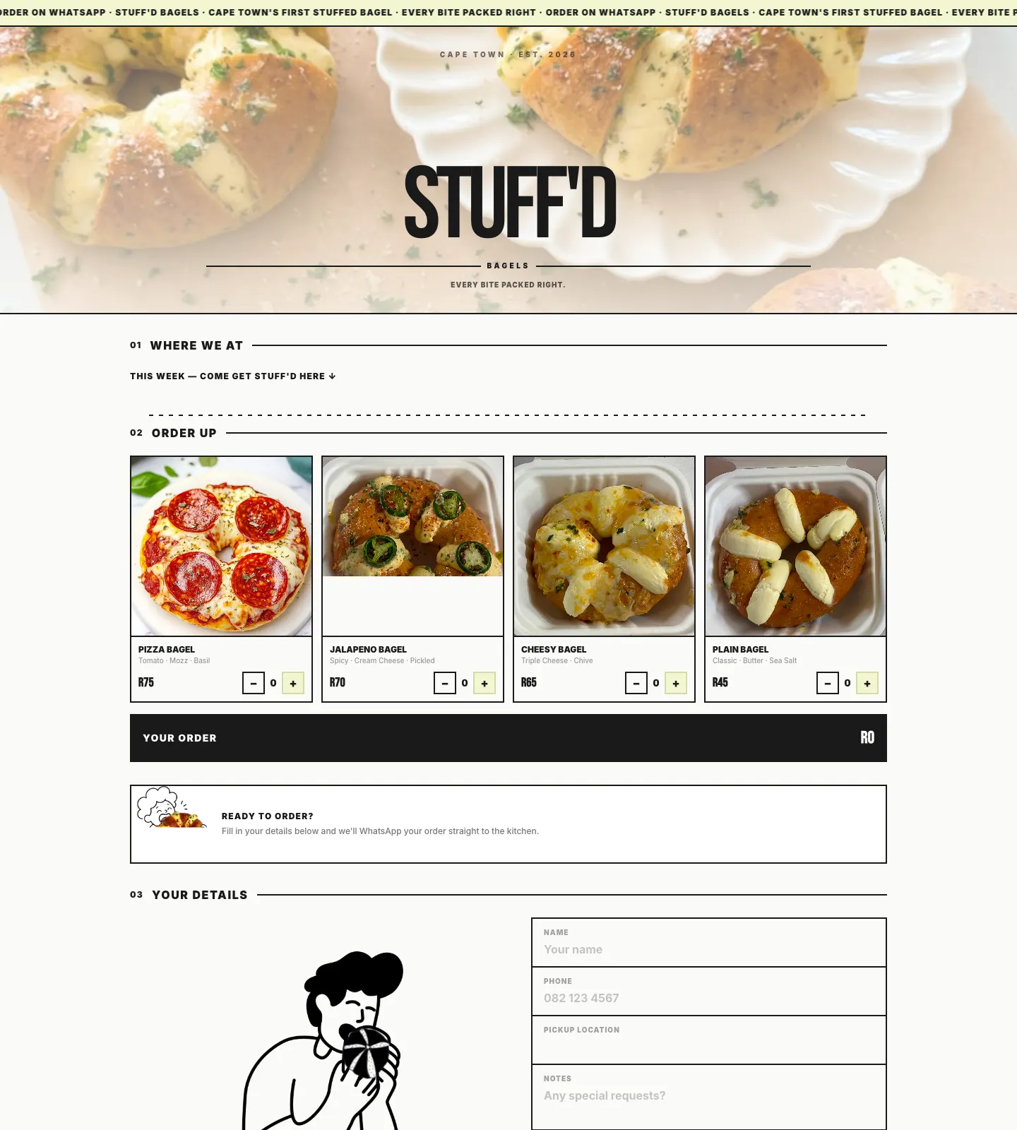 The Stuff'd Bagels website on a computer
